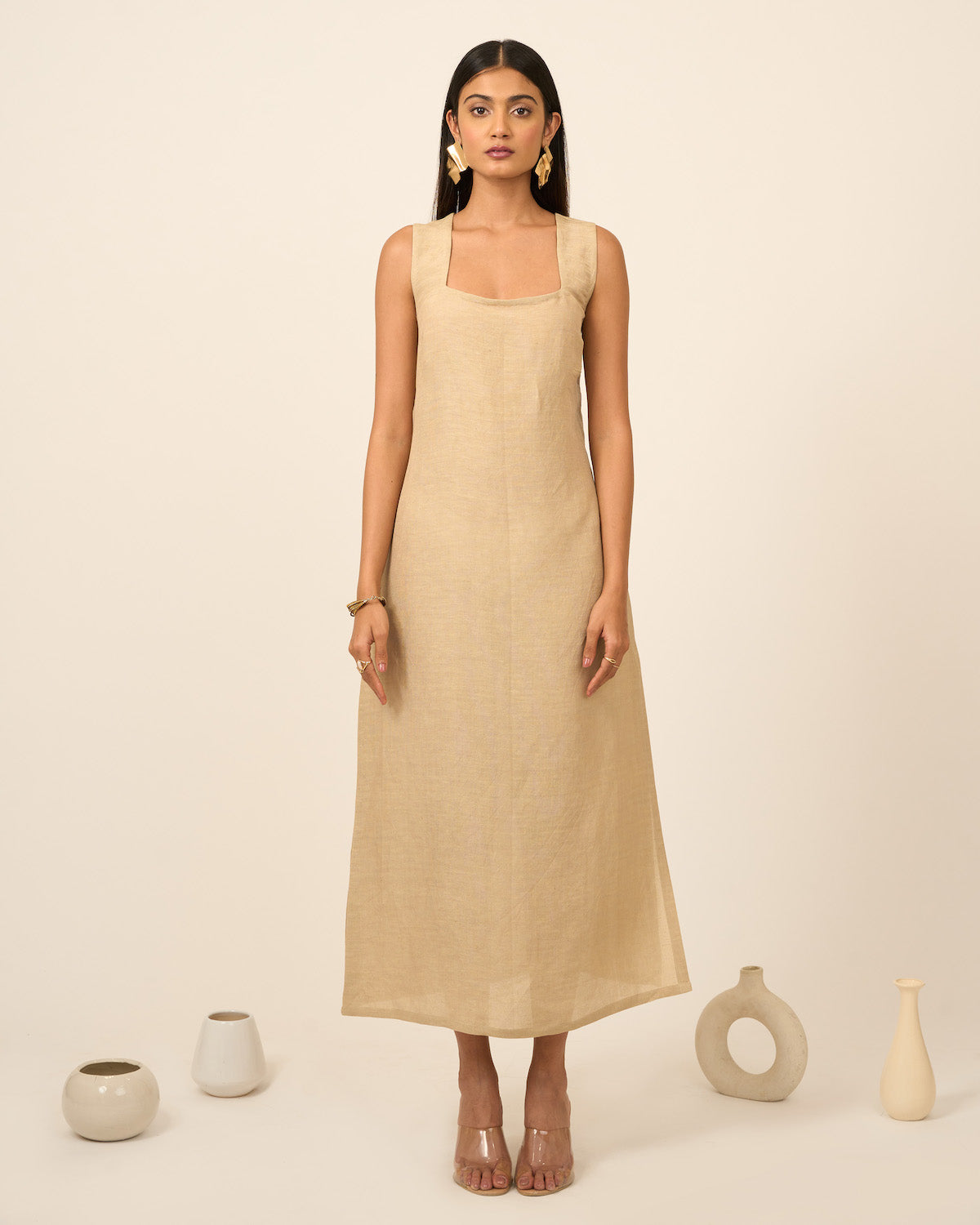 Sand Linen Midi Dress with side slit