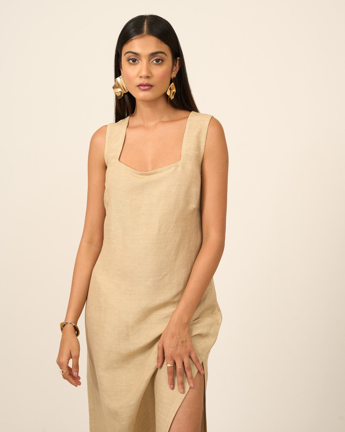 Sand Linen Midi Dress with side slit