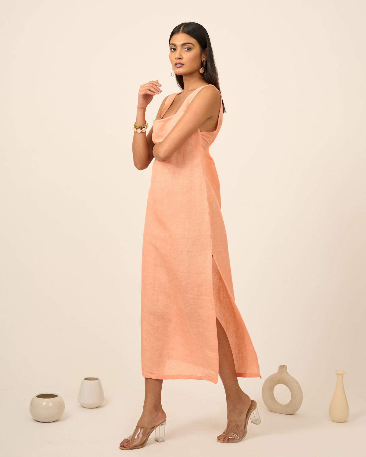 Salmon Pink Linen Midi Dress with side slit