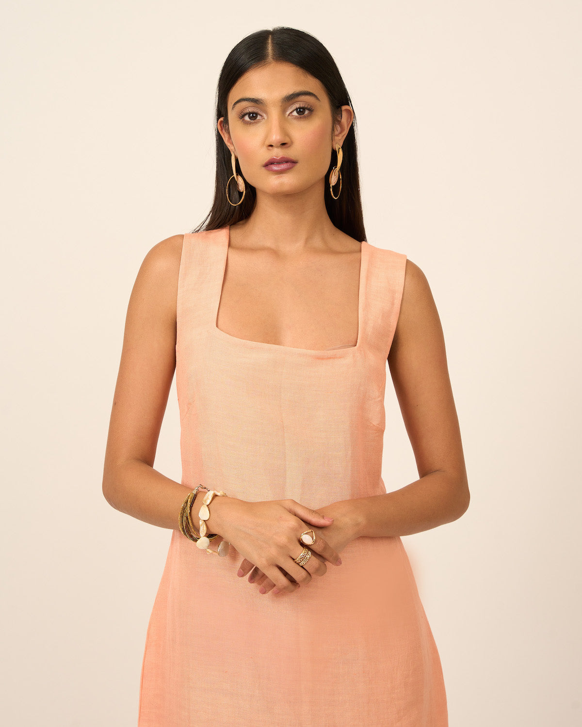 Salmon Pink Linen Midi Dress with side slit