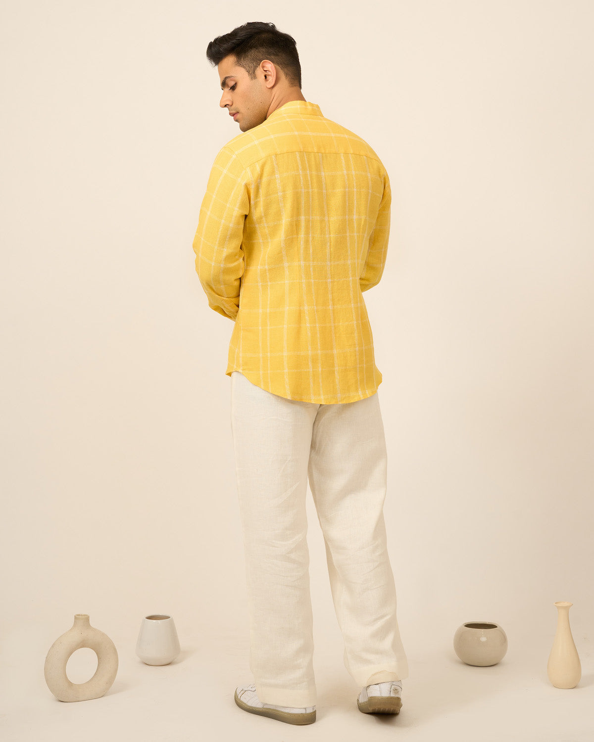 Yellow Checkered Linen Men's Shirt