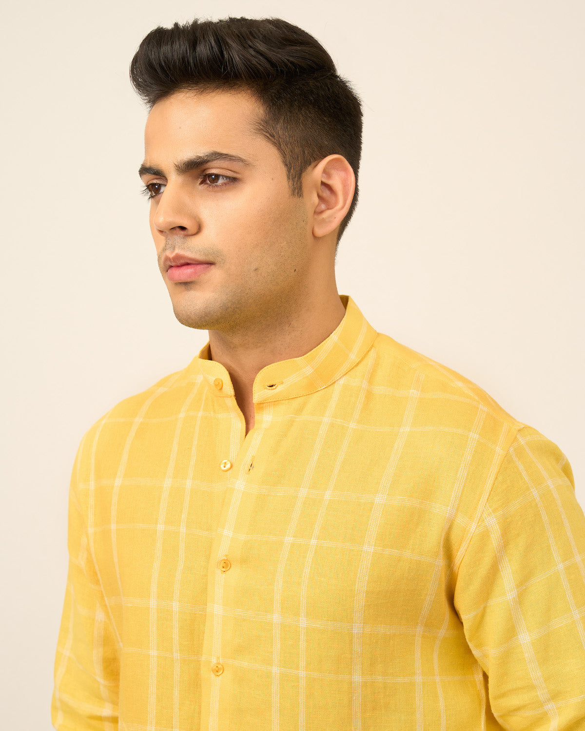 Yellow Checkered Linen Men's Shirt